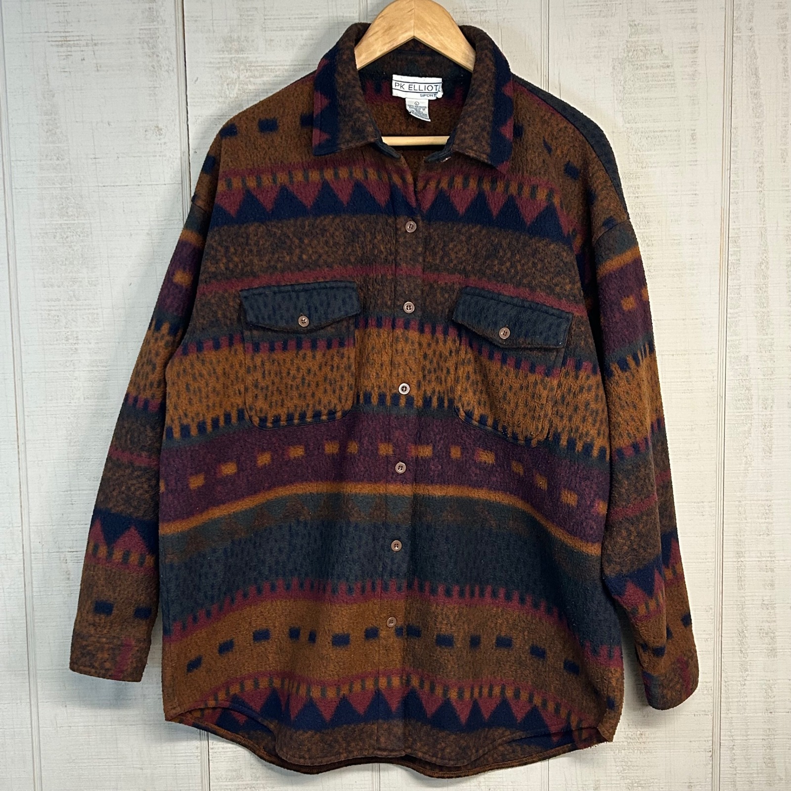 Vtg Pk Elliot Mens Western Fleece Shirt Jacket Sz L Button Up 90s Cabin Outdoors
